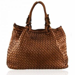 Italian Genuine Leather Bag in Woven Tan Color